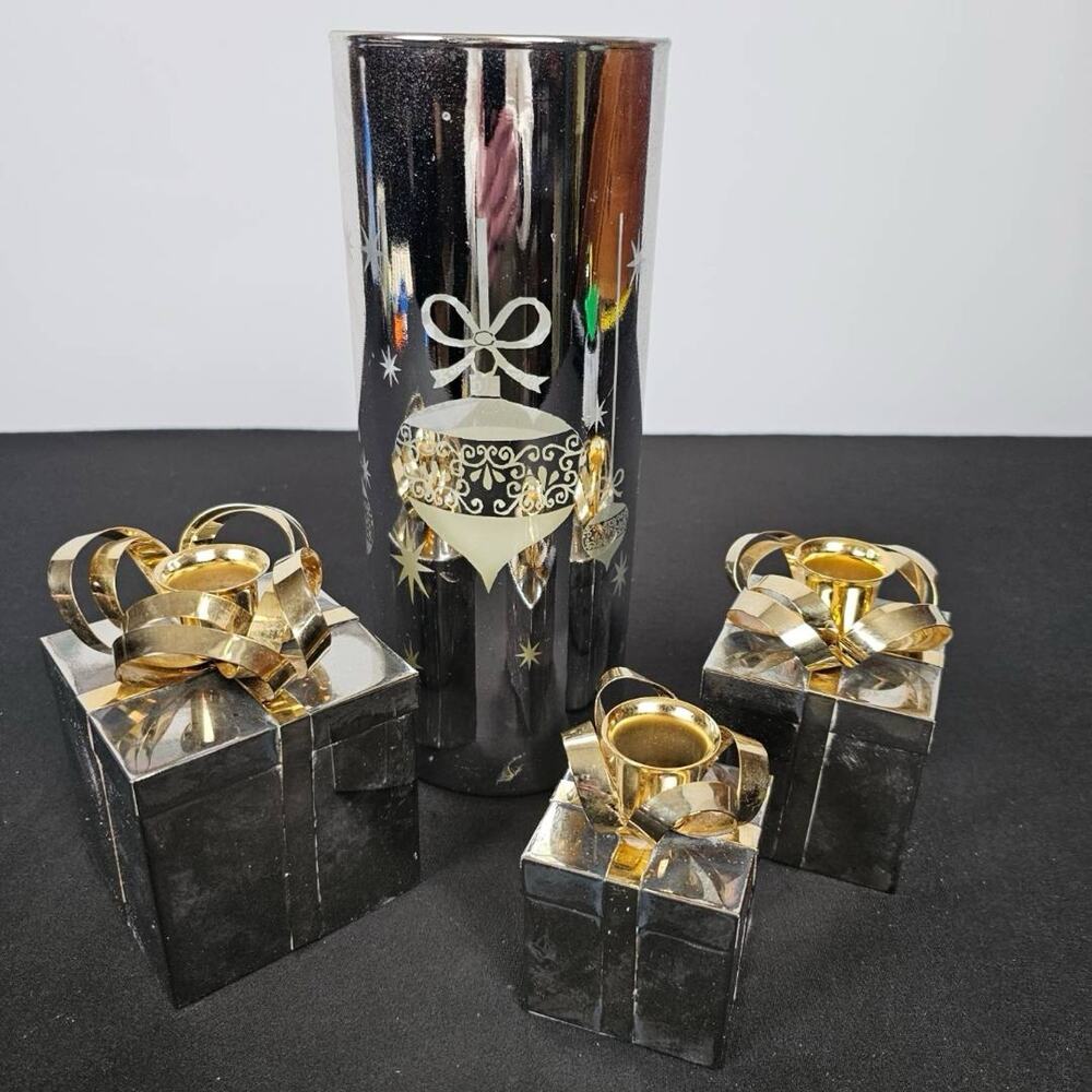 Godinger Silverplate Set of 4 Two Tone Present Box Candle Holders
